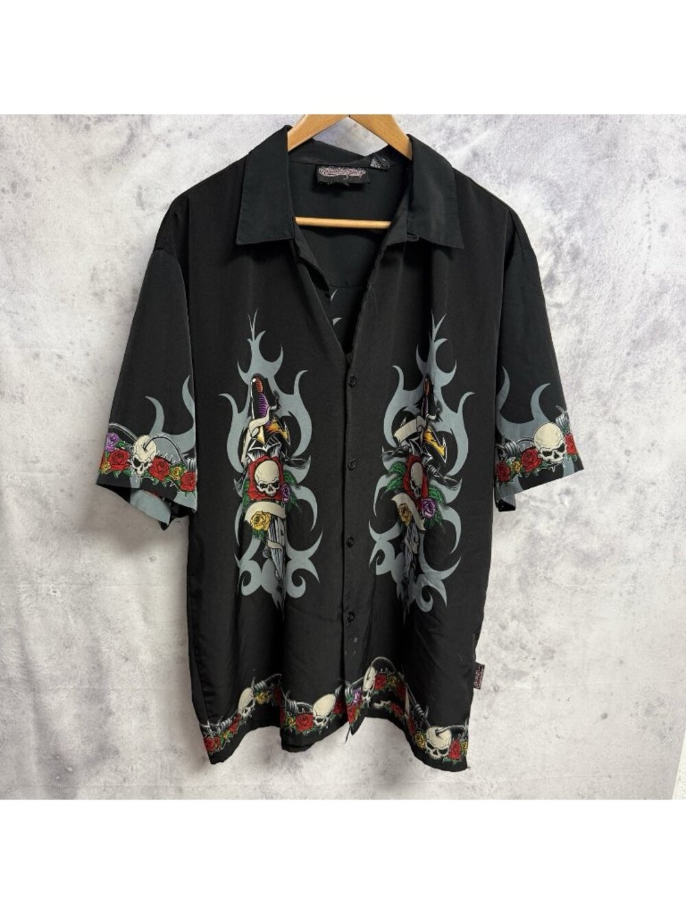 Vintage Sapphire Lounge Tribal Shirt Mens XL Black Grunge Y2K Button Up TORN